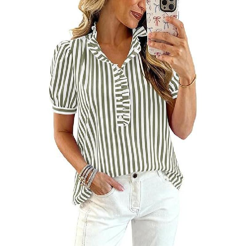 2026 Summer Top Striped Plaid Ruffle Puff Short Sleeve V-Neck Button Women's Casual Shirt