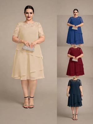2026 Plus Size Chiffon Short Sleeve Lace Patchwork Slim Dress for Women