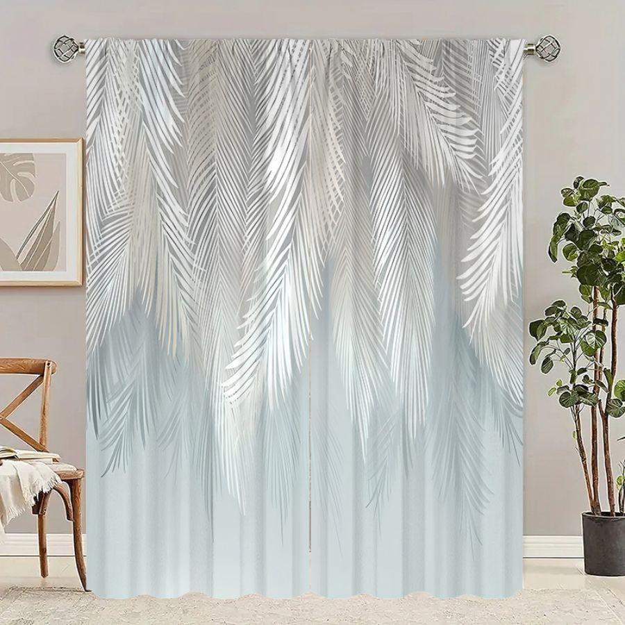 2pcs- Pure white and blue feather polyester curtains, pole bag curtains 42 * 84, bedroom, living room, family room decoration