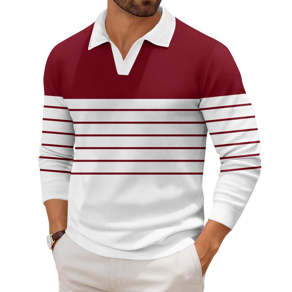 Pánské ležérní módní tištěné klopové pletené spodní tričko s dlouhým rukávem