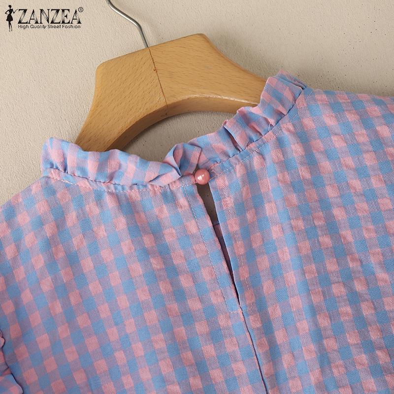 ZANZEA Damen Sommer Bluse mit Gittermuster, lockere Kurzarmbluse