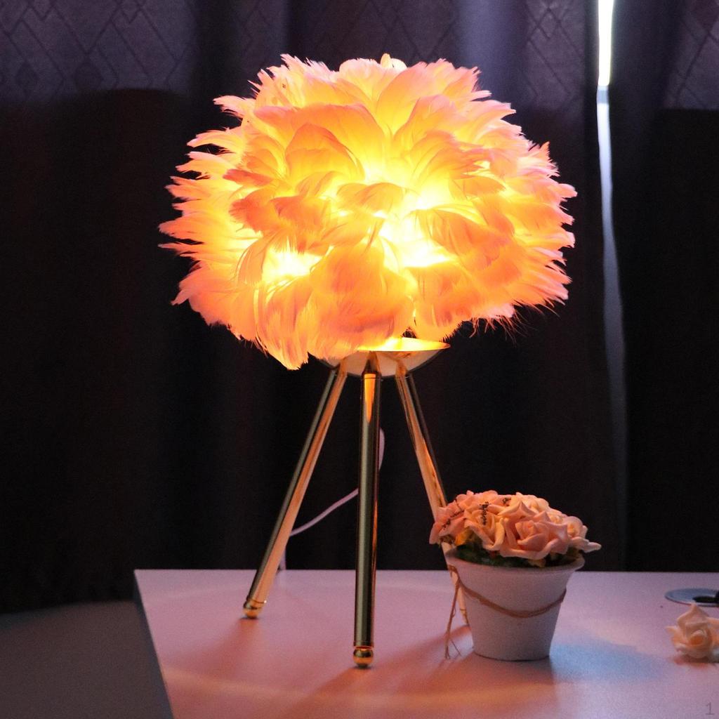 Feather Shade Table Lamp Modern Bedroom Bedside Desk Night Light Decor White