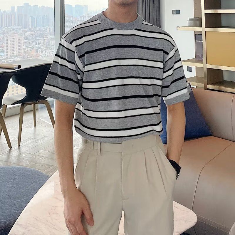 

Корейские футболки контрастных цветов, летние стильные полосатые с круглым вырезом, мужские повседневные с коротким рукавом, базовые вязаные пуловеры 4XL серый