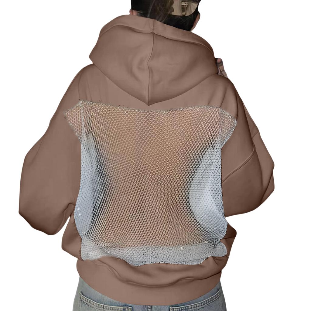 Women's Color Fashionable Backless Hollow Mesh Long Sleeved Hooded Sweatshirt