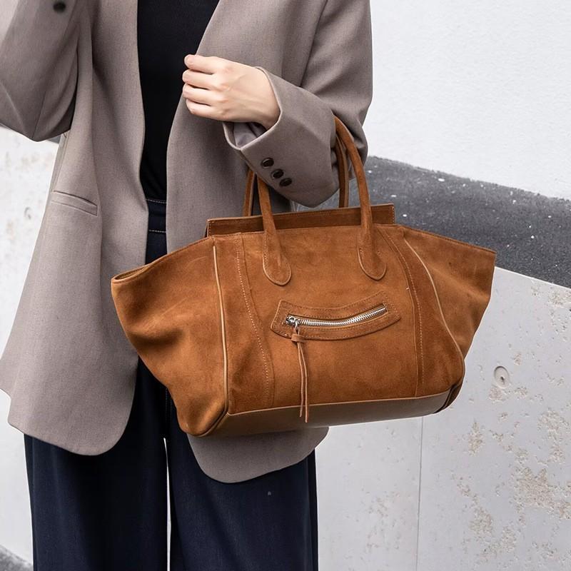 Pravá kůže Taška s obličejem Smiley Dámská Matná hovězí Kůže Velká kapacita Tote Do práce Ruční křídlo Módní Jednoramenná Crossbody