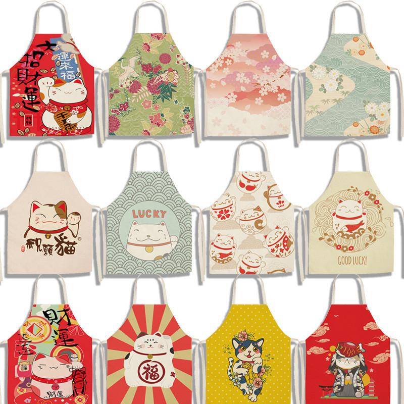 Japanese Lucky Cat Apron With Waterproof Linen Material For Kitchen Cooking And Baking