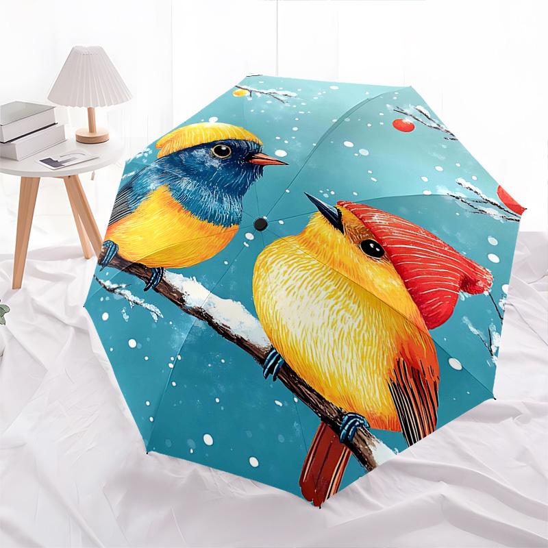 1pc Winter Wonderland Birds Auto-Folding Umbrella, Portable 3-Fold Design with 8-Bone Iron Frame, Perfect for Fans, Travelers, Daily Use, Festive Gift