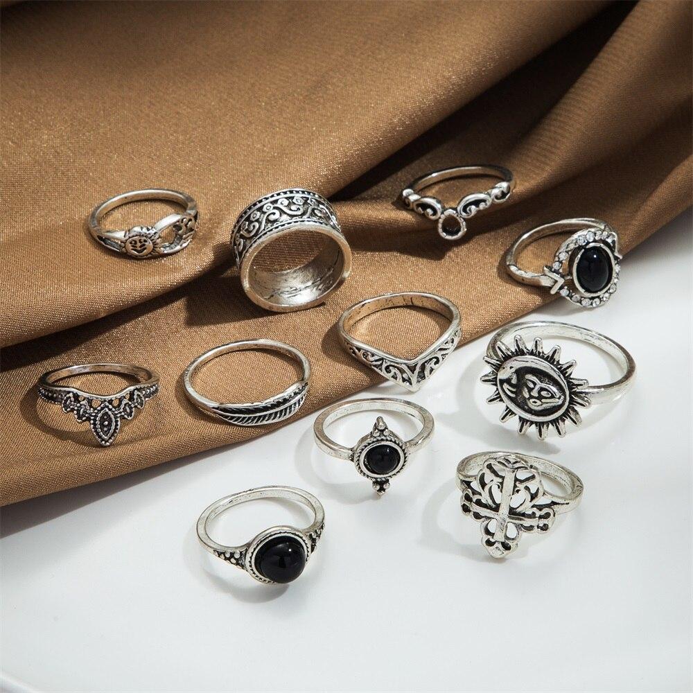 Anillo Geométrico Hueco Articulado Metálico Gótico 17KM para Mujer Anillo de Dedo con Forma de Sol y Hoja Plateado Vintage Accesorios de Joyería de Tendencia