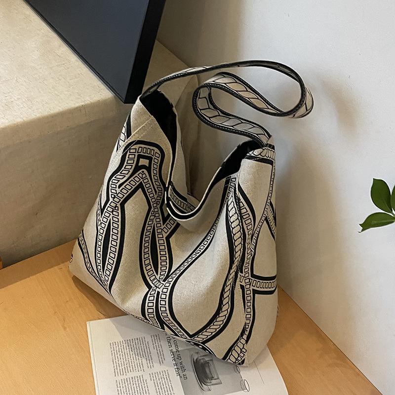 Mori Girl Lazy Style Large Capacity Linen Shoulder Bag - Women's Niche Totem Design Shopping Bag
