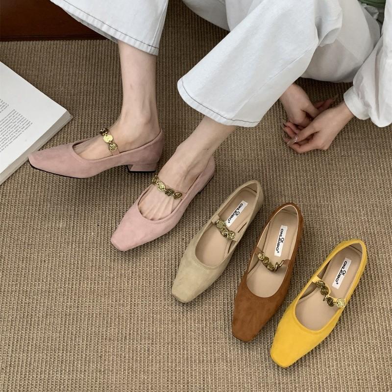 French Thick Heel Retro Square Head Suede Mary Jane Shoes Women's Spring 2025 New Versatile Commuter Low Heel Shoes