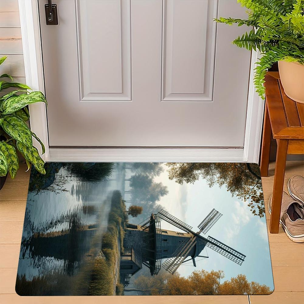 Vintage Windmill Door Mat With Scenic Rural Landscape Artistic Patterns Soft NonSlip Mat For Home Entrance, Patio, Balcony,