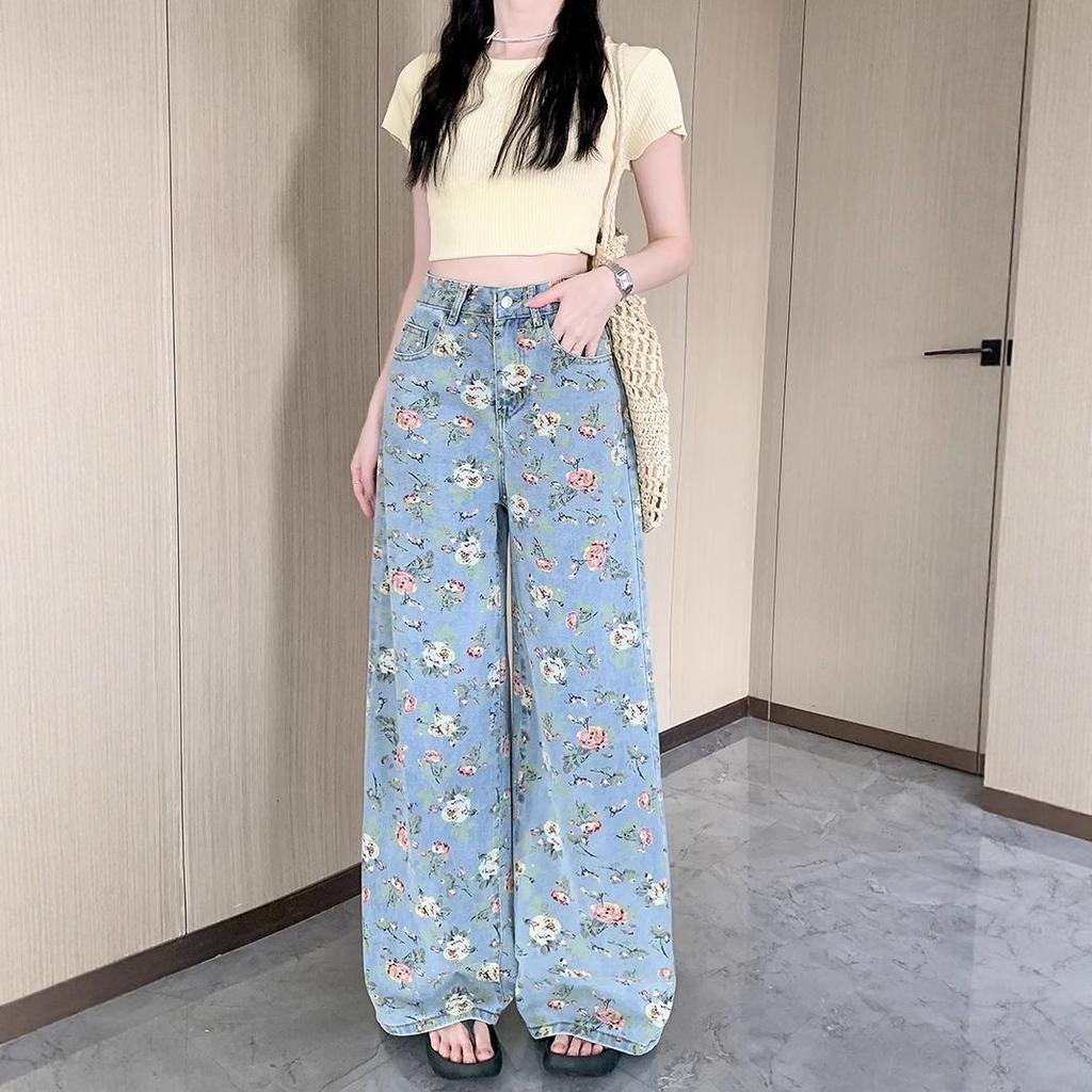 Floral wide-leg jeans women's casual high-waisted hips covering thin loose straight denim wide-leg pants women Light Wash High-waisted Casual Pants