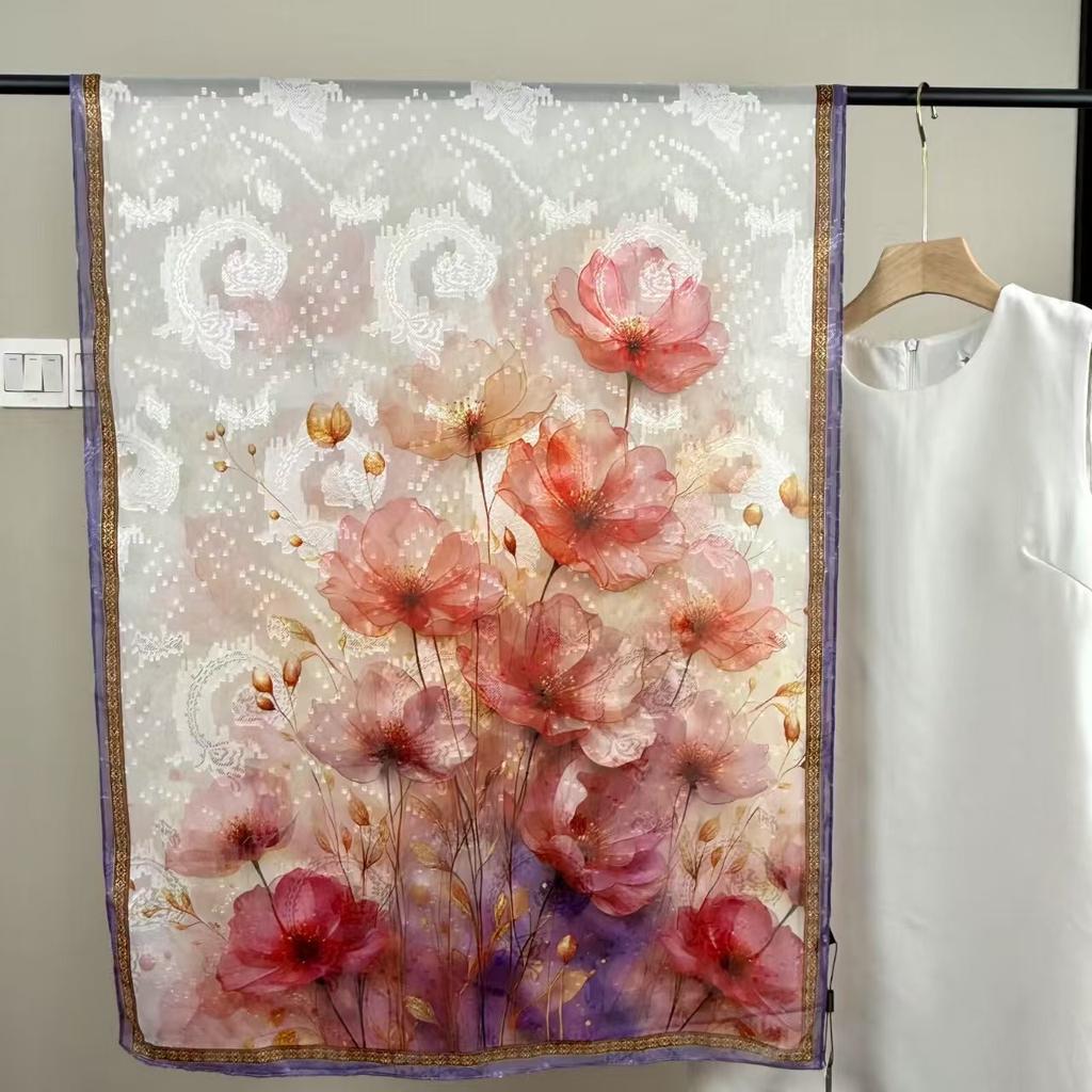 Cut Flower Silk Scarves, Women'S Summer Thin Styles, Send Mother Shawls, Middle-Aged And Elderly Scarves, Travel Photos, Beach Towels