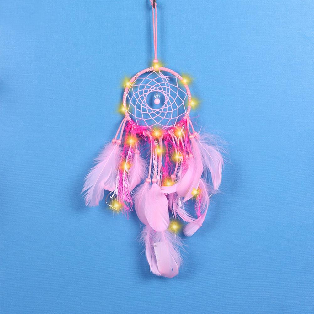 Wall Hanging Pink Feather Dreamcatcher Pendant Gift with Night Light for Home Party Decoration