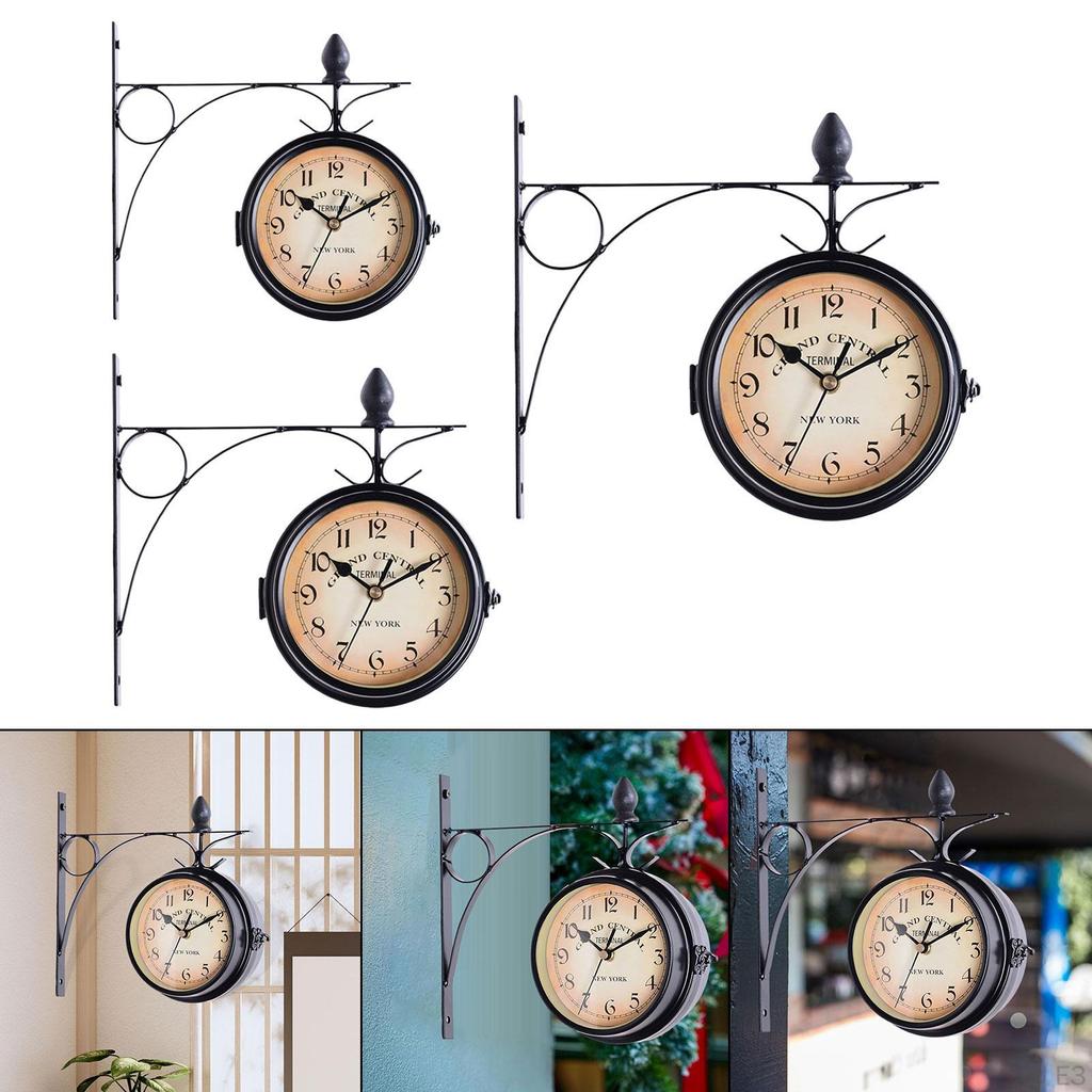 2 Sided Wall Clock Hanging Metal Creative Art Ornament Classic Home Decor for Bedroom Patio