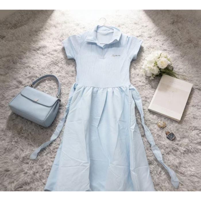 Women s Summer 2026 Polo Collar Short Sleeve Slimming Maxi Dress with Tie Waist L