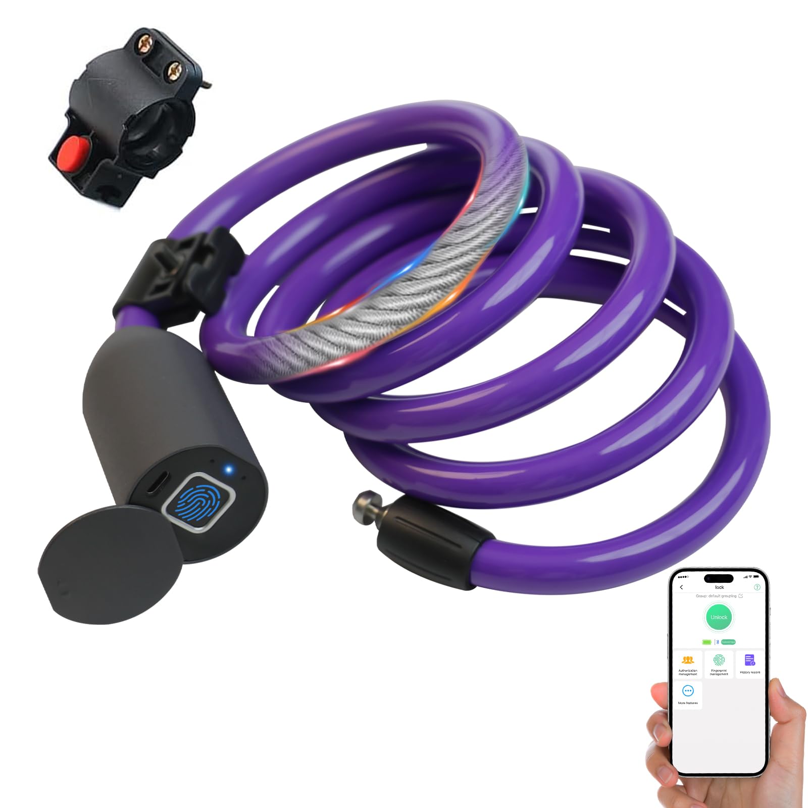 

Tohtake Smart Bicycle Wire Lock for Road Fingerprint Smartphone Apple Watch 150cm USB Low Power IP67 Bicycle Lock, Bikes, Authentication, Linkage, фиолетовый