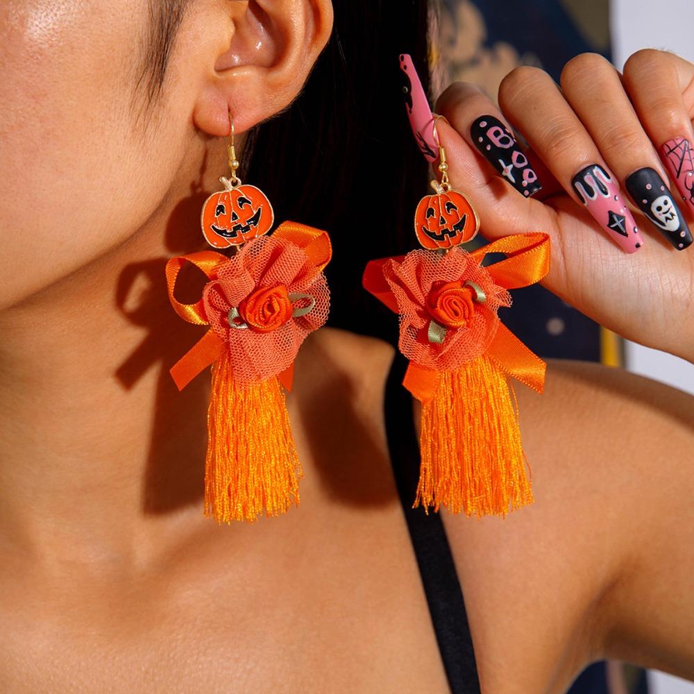 Rice Bead Halloween Earrings Tassel Ear Jewelry Accessories Trendy Pumpkin Earrings  Party