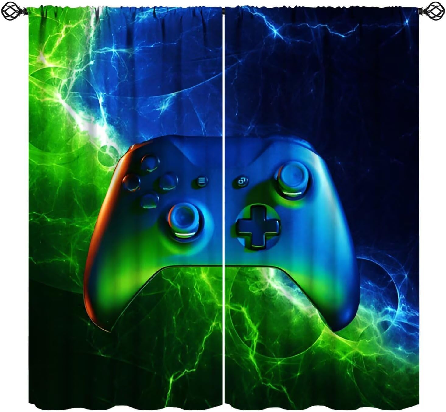 

Cool Game Curtains Boys Bedroom Green Blue Flame Video Graffiti Controller Outer Space Stars Print Window Drapes Curtain For Decor Made Of Polyester W100*H130(CM)-Grommet top&2PCS