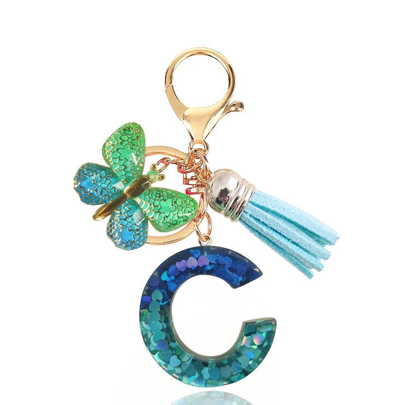 Fashion Blue Glazed Stone A To Z Letter Keychain 26 Initials Alphabet Butterfly Tassel Pendant Car Key Chain Women Jewelry GIfts