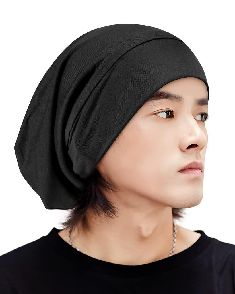 LULUSILK Silk Knit Hat for Men and 19 Momme 6A Silk Hair One Size Fits Perfect for Reduces Moisturizes the and Enhances Adjustable Size for Black