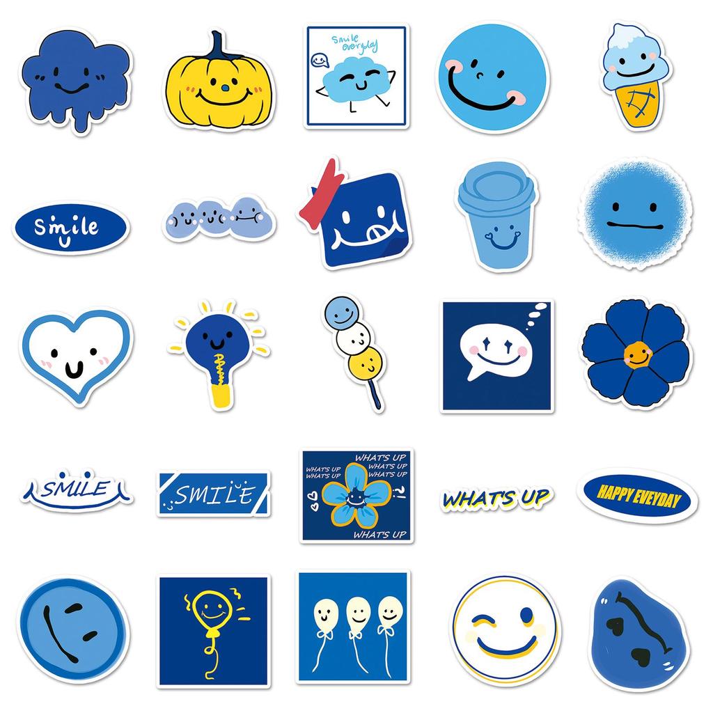 50 Sheets Blue Smile Cartoon Stickers: Cute, Waterproof Decoration for Journals, Computers, and Water Bottles
