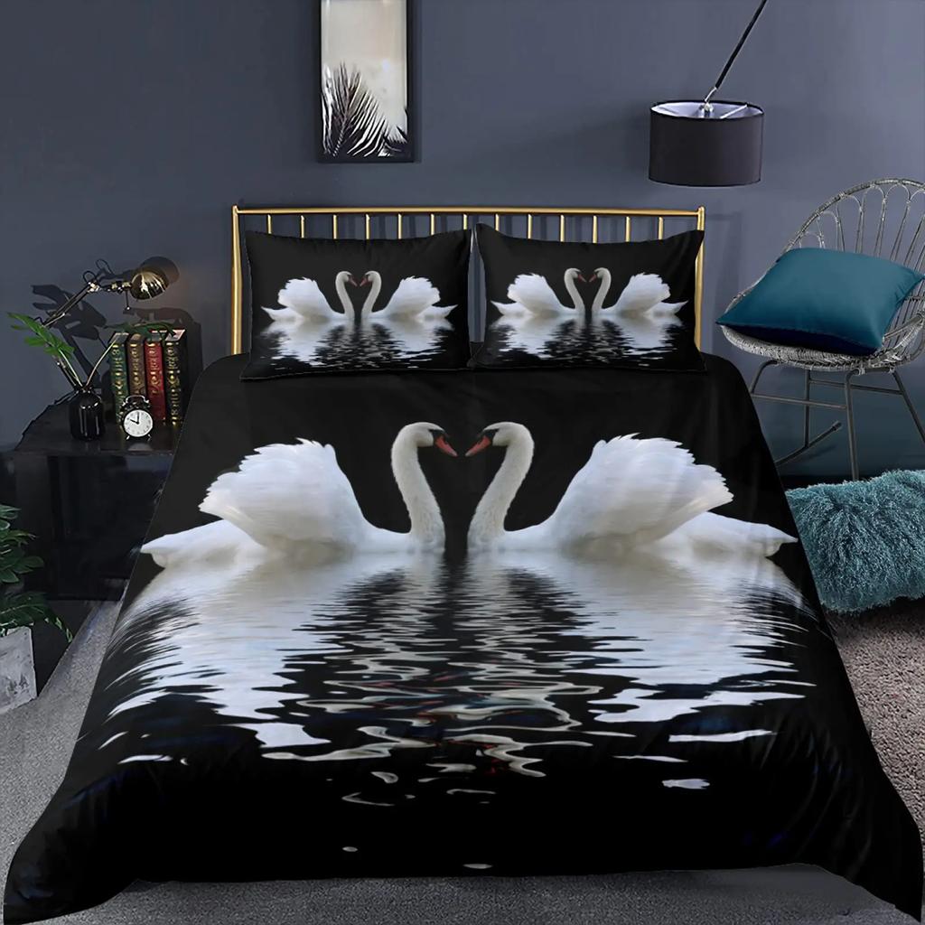 Swan Duvet Cover Set White Swan Lake Comforter Cover Twin Ocean White Swan Polyester Bedding Set For Couple Valentine's Day Gift