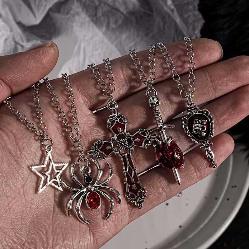 5pcs Set Gothic Punk Star Spider Cross Sword Skull Pendant Necklace for Women Men Halloween Party Daily Wear Aesthetic Jewelry