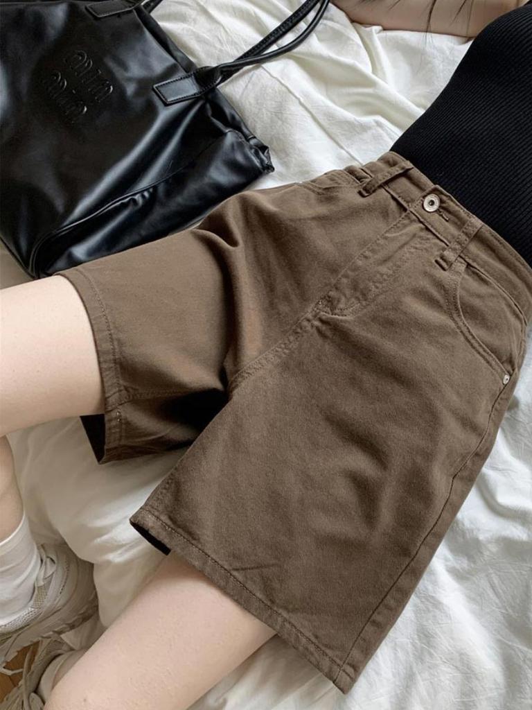 Brown Denim Shorts for Women High Waist Casual Half Pants Straight Jeans A-line Shorts Vintage Style Y2k Clothes Summer