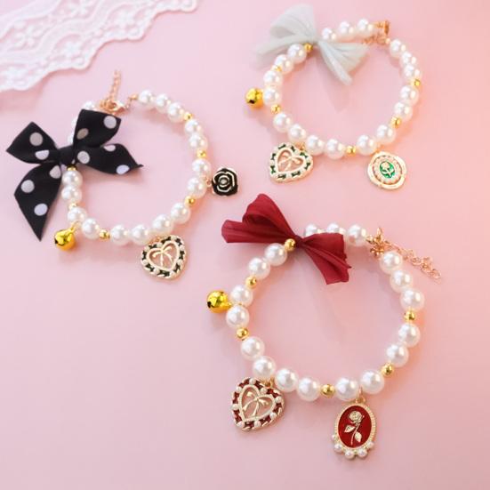 Elegantes Haustierhalsband mit Glöckchen und Schleife, atmungsaktiv, zum Anziehen, Gothic-Kunstperle