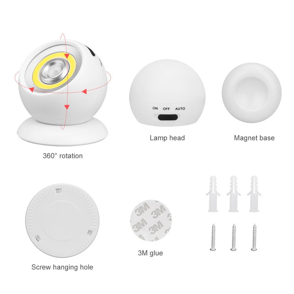 360° Rotating COB Ball Light PIR Motion Sensor LED Night Light USB/Battery Powered Magnet Wall Lamp for Bedroom Bathroom Kitchen