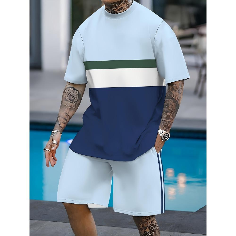 Pánský letní pohodlný módní dvoudílný set Plážová dovolená Volný sportovní styl Krátký rukáv Volný Oversized Prodyšný Sportovní oblečení