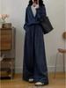 2025 Autumn Linen-Cotton Denim Set: Faux Two-Piece Jacket with Loose Wide-Leg Pants
