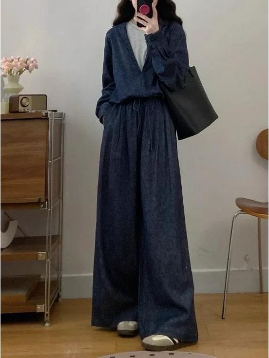 2025 Autumn Linen-Cotton Denim Set: Faux Two-Piece Jacket with Loose Wide-Leg Pants