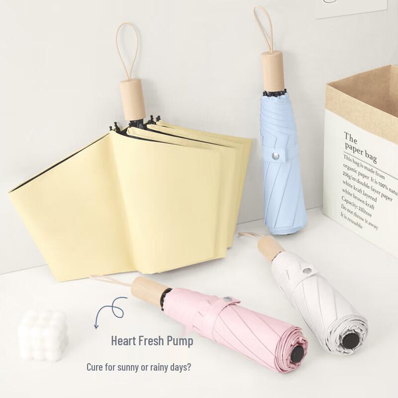 Xu Qing UV Protection Three-Fold Umbrella with Wood Handle