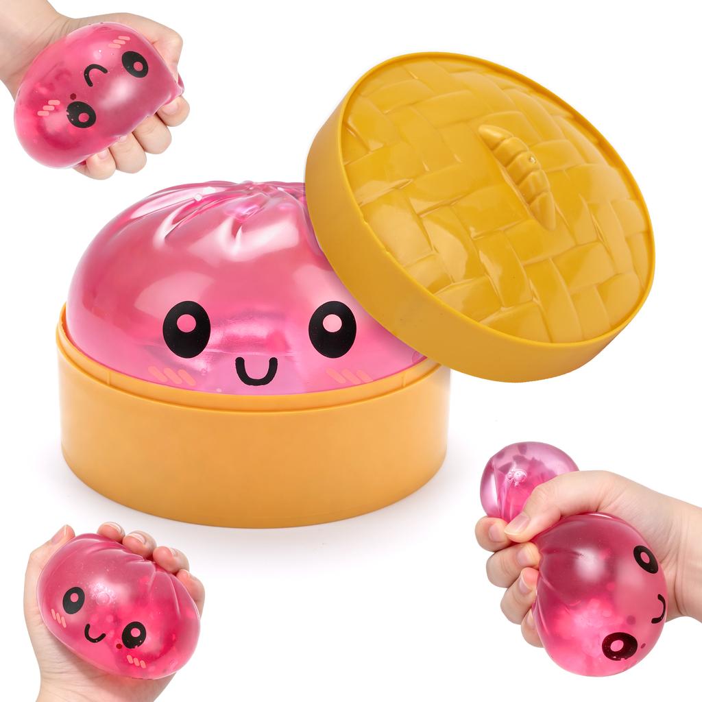 Simulated Steamed Buns Squishy Rebound Soft Squeeze Stress Ball with Bamboo Steamer Box Anti-Stress Toy Sensory Creative Gift