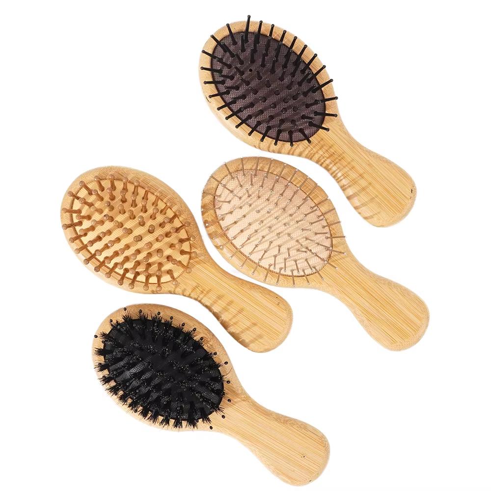 Comb Wide Tooth Shape Anti-static Mini Beech Wood Boar Bristle Airbag Comb Detangling Hairbrush Customized Logo