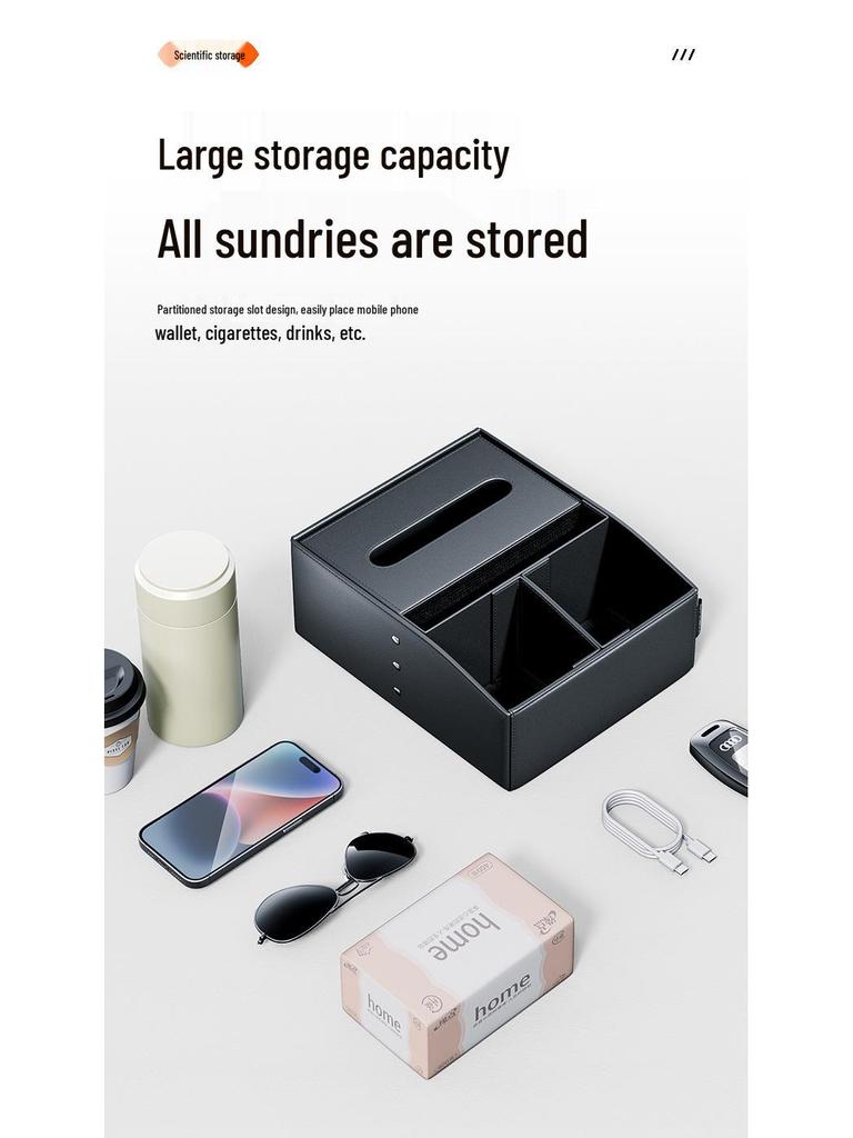 High-End Multifunctional Car Console Storage & Cup Holder with Tissue Box
