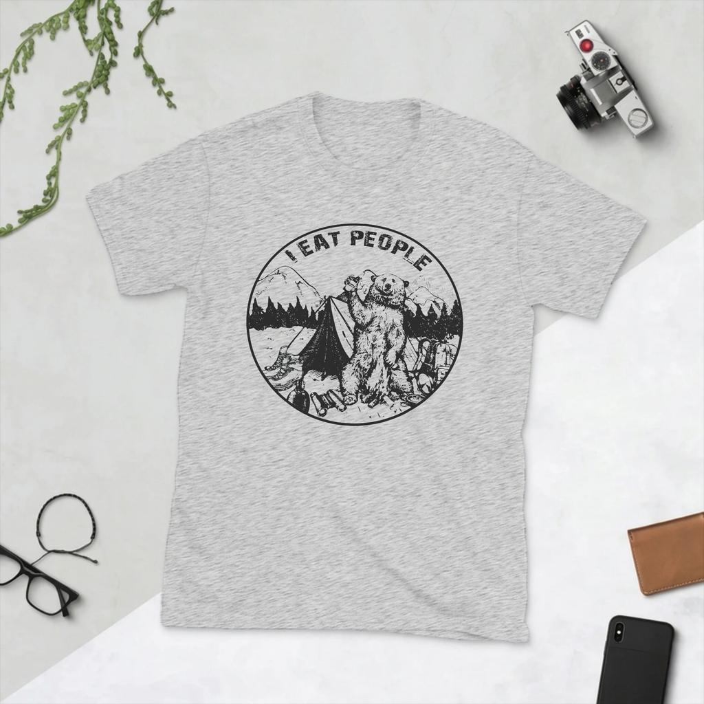 Novelty I Hate People I Eat People Bear TShirt Unisex O Neck Pure Cotton T Shirts Camping Hiking Short Sleeve Tees Printed Clothes