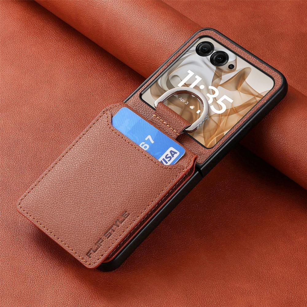 

Чехол для телефона с кольцом для пальца, держателем для карт, сумкой для Motorola Razr 50 Ultra, кошелек Mooto Razr 40, защитный чехол из искусственной кожи Moto Razr 50 Ultra коричневый