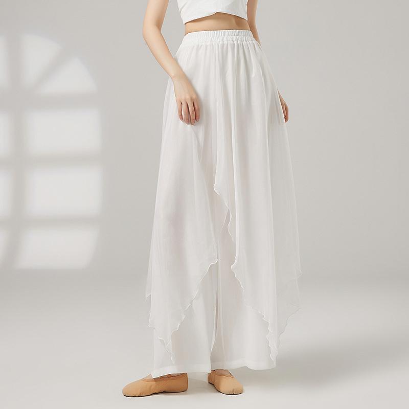 Classical Dance Dress Pants Women Double Layers Loose Trouser Practice Costume Spliced Shiny Chiffon Skirt Performance Dancewear