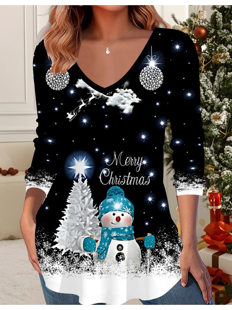 3D Weihnachten Bedrucktes Mode Lässiges Damen V-Ausschnitt Langarm T-Shirt - Neujahrsparty Kleidung Weihnachtsgeschenk