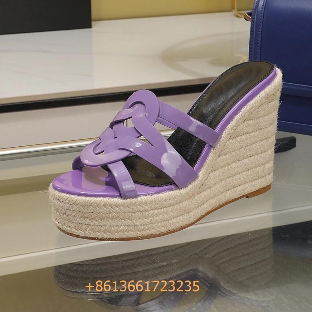 Fashion Corss Strap Patent Leather Platform Women Sandals Wedges Espadrilles Slip On Fashion Heels Open Toe 2025 Summer Newest Slides