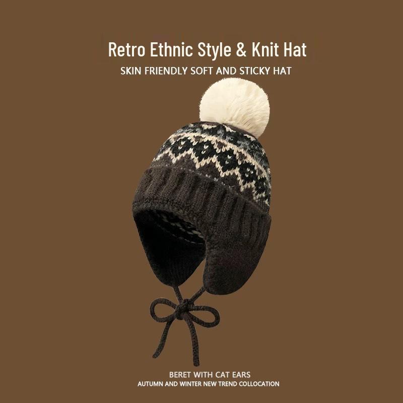 Kawanishi Women's Handmade Wool Beanie with Tassel and Ear Protection