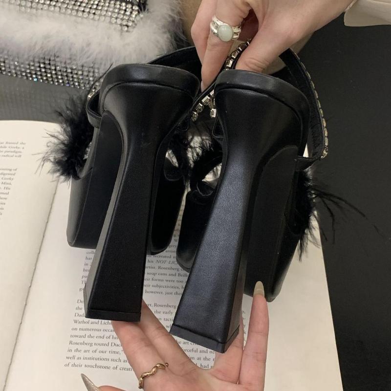 Fashion Sexy Slippers Women Rhinestone Fluffy Feather Sandals Platform Chunky High Heels Party Nightclub Ladies Mules Shoes Pantuflas