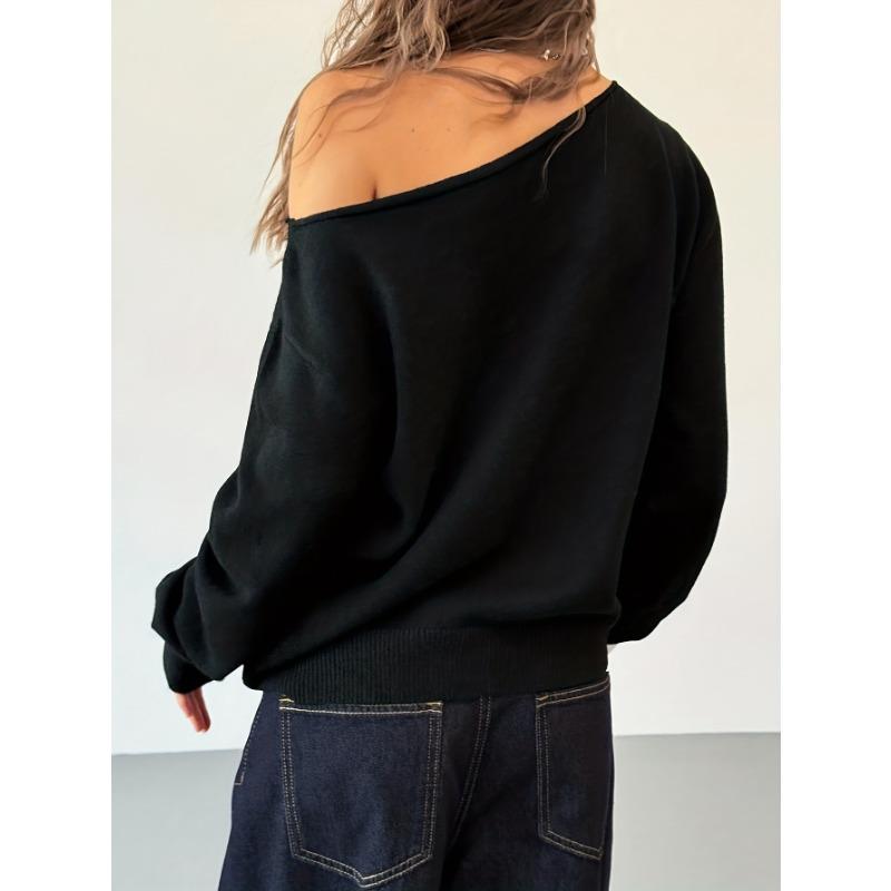Women Rivet One Shoulder Long Sleeve Knitted Waist Slimming Casual Top