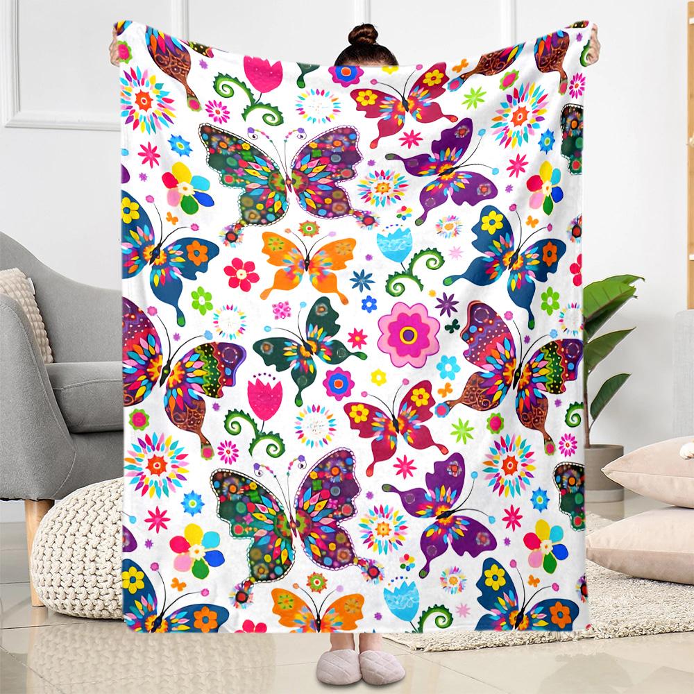 1pc Colorful Butterflies Flowers Blanket Soft and Warm for Sofa Office Camping Travel Livingroom Great Gift for Friends and Family Comfortable