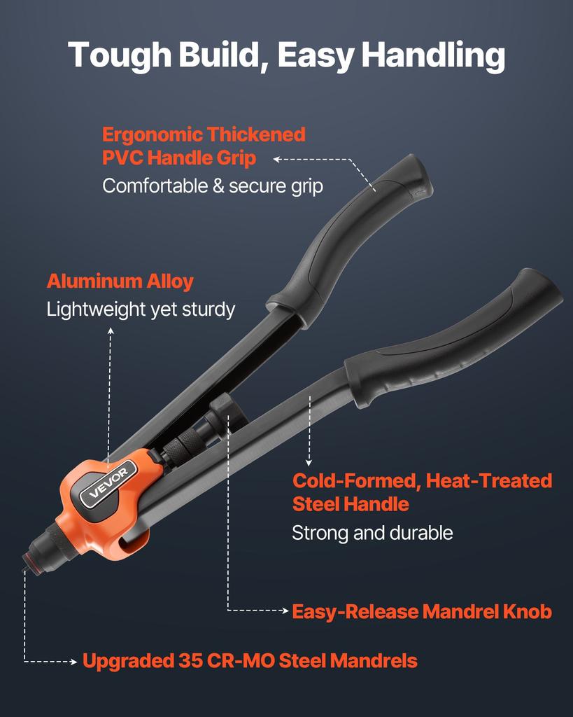 VEVOR Rivet Nut Tool Kit, 17-Inch Rivnut Tool Kit, with 13 Mandrels and 130 Nuts, Metric and SAE Size M3, M4, M5, M6, M8, M10, M12, 1/2-13, 8-32