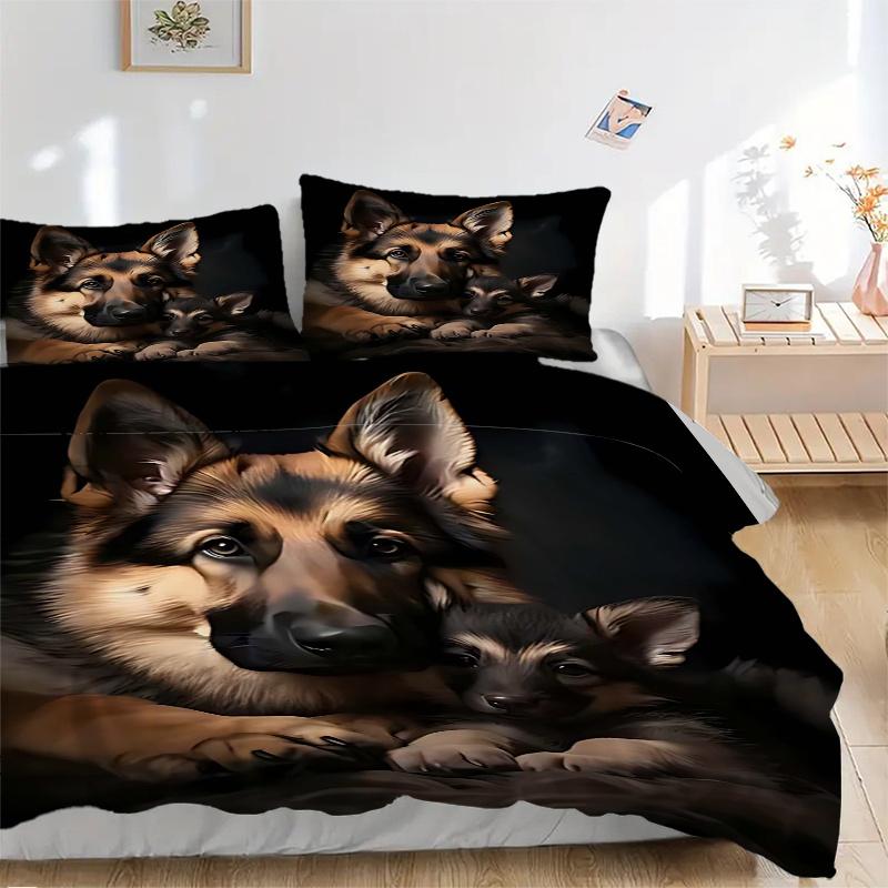 3pcs German Shepherd Dog Family Bedding Set - Includes One Quilt Cover and Two Pillowcases (No Core) - Home Decor Gift for Anime Lovers - Polyester Fa