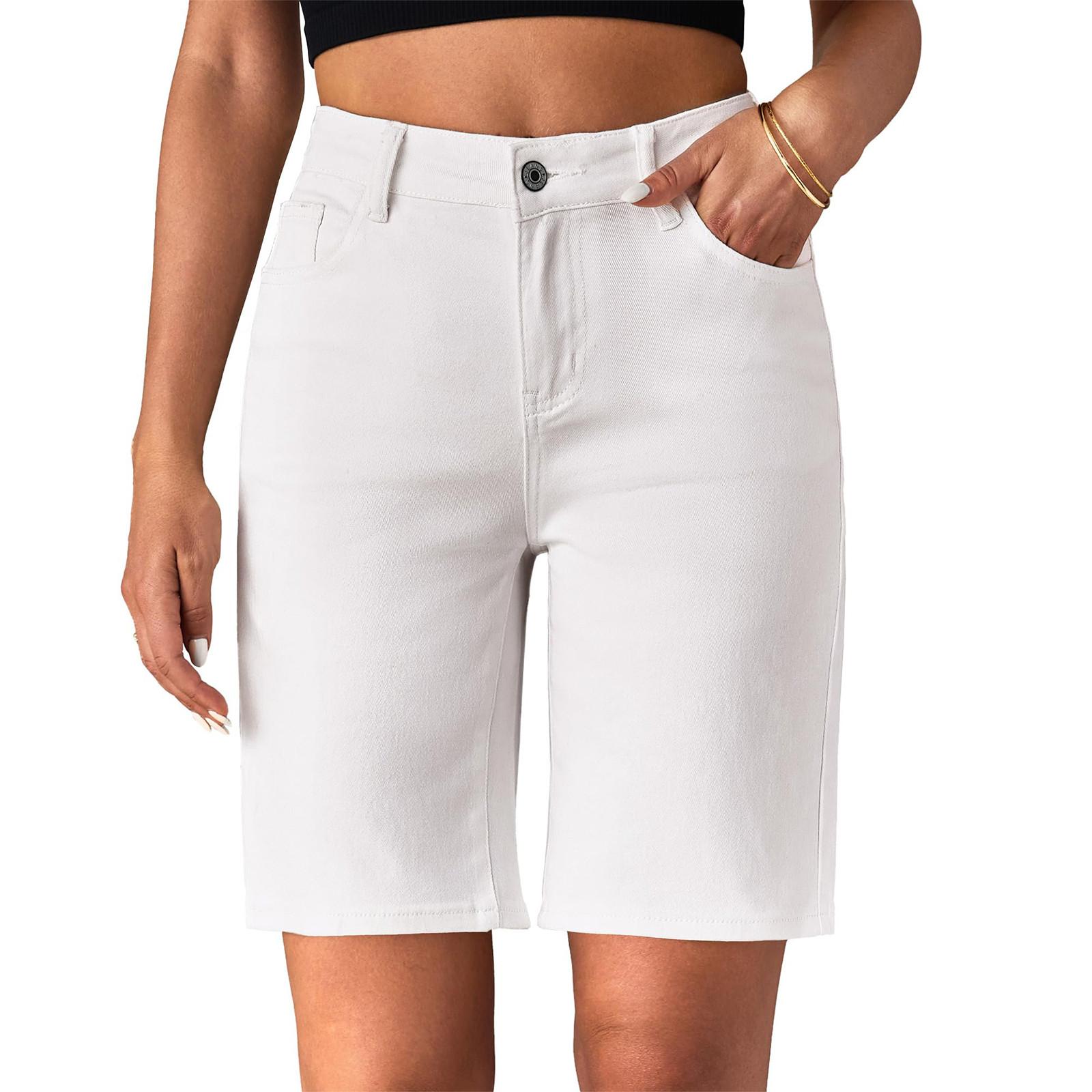 

Шорты-бермуды из джинсовой ткани для женщин с высокой талией, модные эластичные джинсовые шорты длиной до колена, свободный крой, длинные шорты L белый